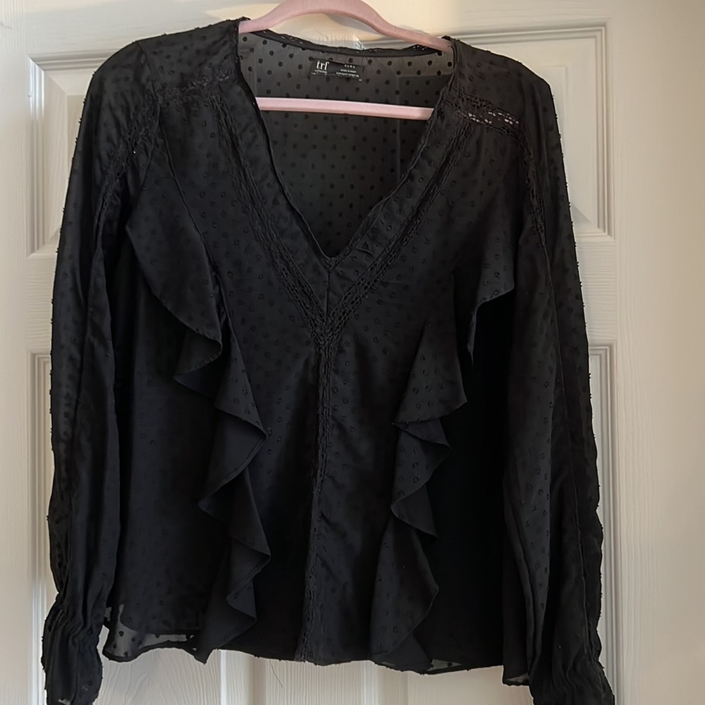 Zara Dotted Black Blouse with Ruffle Detail